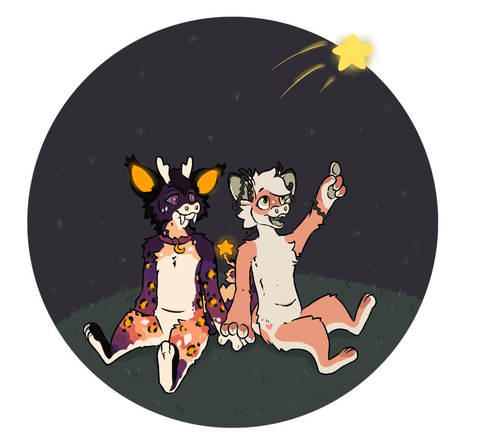 A digital drawing of two Xeros (a cartoony alien closed species). They are sitting on the grass at night, holding hands, smiling, and looking up at the sky. The Xero on the right is pointing up to a shooting star.
#ProjectXero
