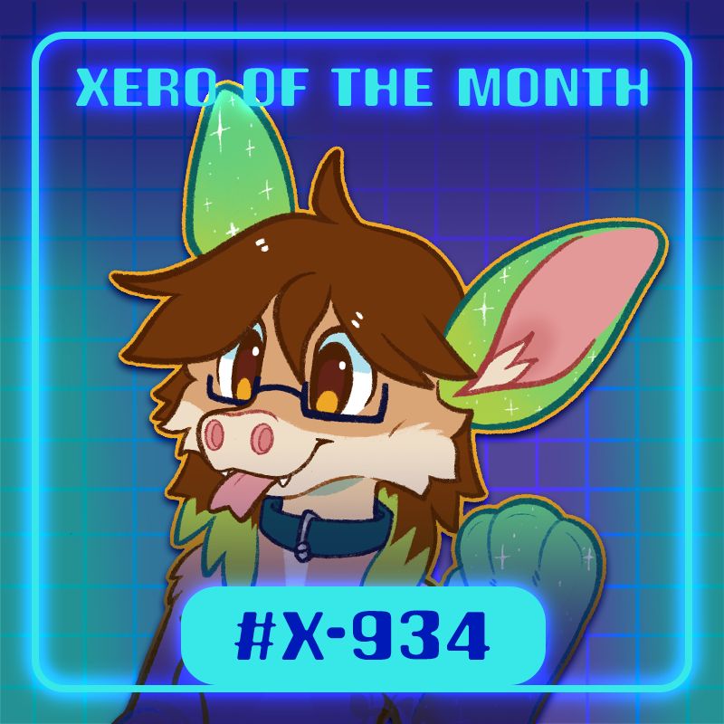 A graphic with the headline "Xero of the Month" on top and "#X-934" on bottom. In the center is a digital drawing of an alien closed species called a Xero. Their fur is primarily neutral browns, with brighter green accents. 
#ProjectXero