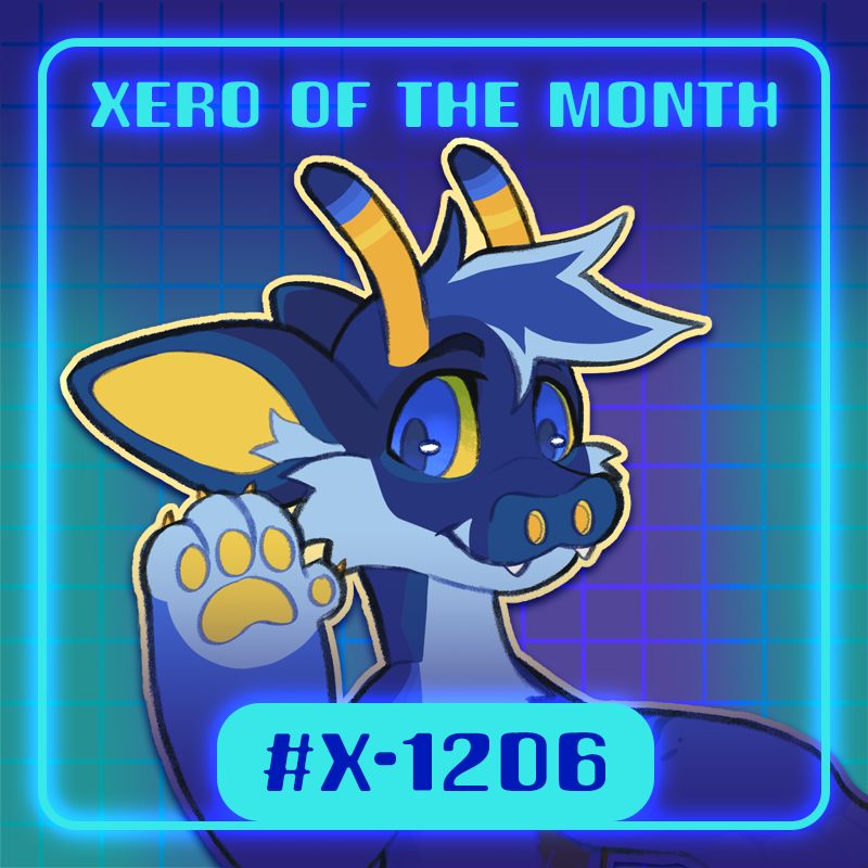 A graphic with the headline "Xero of the Month" on top and "#X-1206" on bottom. In the center is a digital drawing of an alien closed species called a Xero. Their fur is primarily blue, with lighter blue and yellow accents. 
#ProjectXero