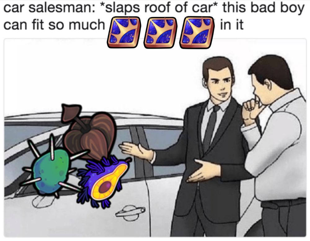 The old "*slaps roof of car*" meme. The car can fit so much Glim, and there are 3 #ProjectXero seasonal fruits (spikul fruit, hake nut, mult fruit) inside the car.