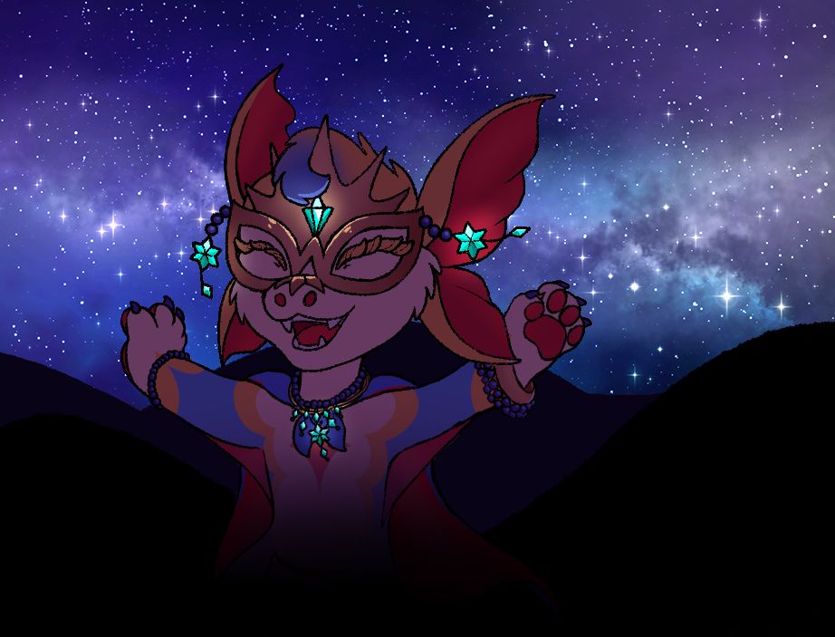 A digital drawing of a Xero, an alien-like closed species, celebrating against the starry night sky. They are wearing a ceremonial mask and jewelry, smiling excitedly with their arms out.
#ProjectXero