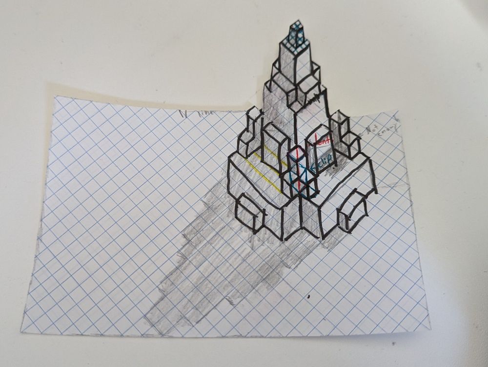 Photograph of graph paper image. Drawin with pen and pencil is a geometric stacking of blocks in a roughly pyramid-like pattern. There is rough pencil shadowing, and the paper is cut such that there is an illusion that the drawing is actually lifting off the paper. Image is full of scribbles of pen and half written notes that illegible.