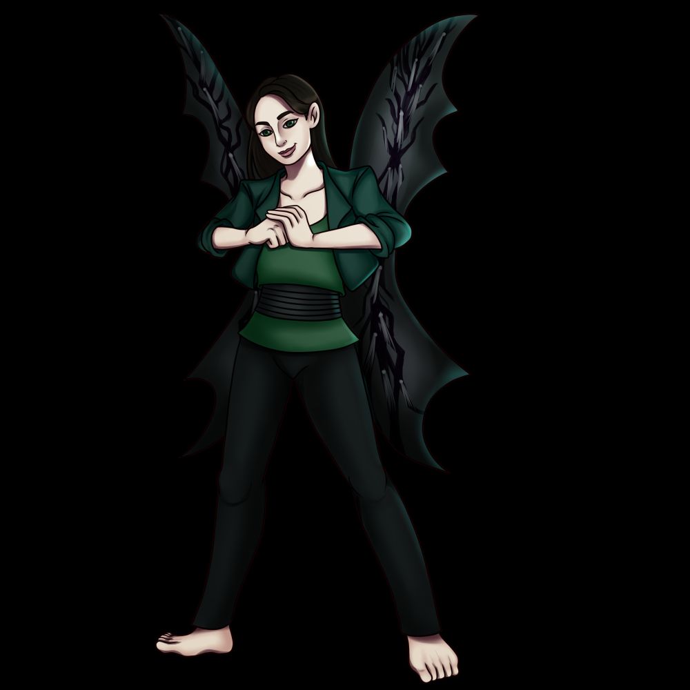 A smirking woman with straight dark-brown hair and brown eyes standing on bare feet. Her pale skin contrasts with her black and green outfit that consists of black pants, a green shirt with a black belt, and a jacket in darker green. She has black bat-like wings with lightning scar patterns. On the patterns there are light gray marks resembling comets.