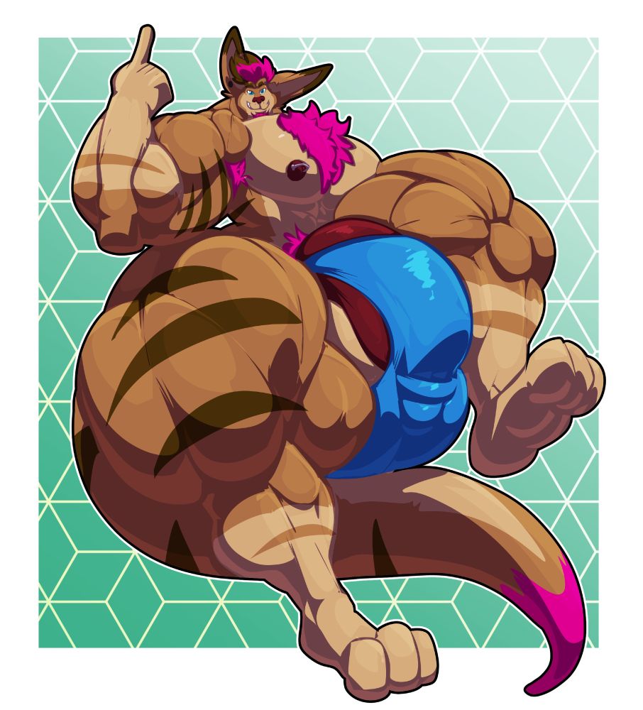 rob, turned into a muscular, bottom-heavy kangaroo, jumping up and striking a pose