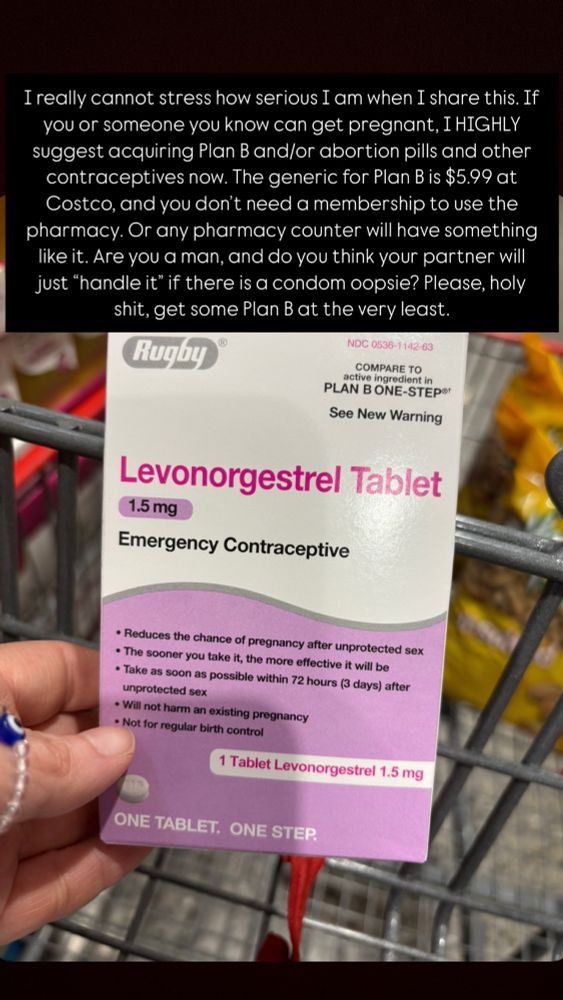A pink and white box of the generic for Plan B Emergency Contraception, with a Costco shopping cart in the background. 