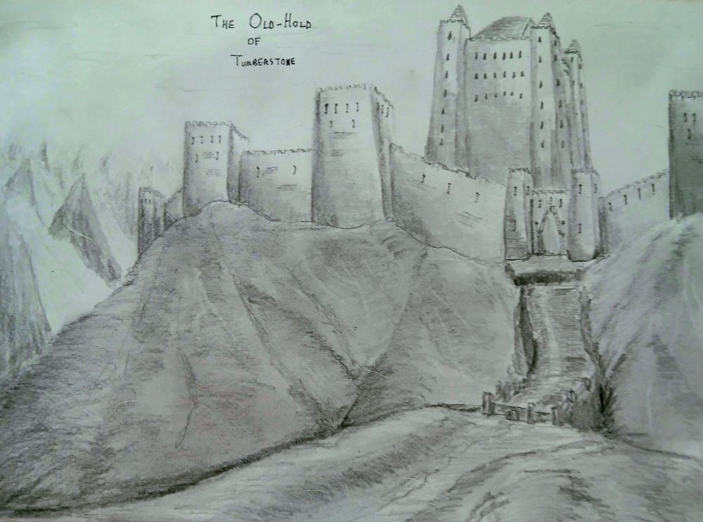 A sketch of an ancient castle in the mountains.