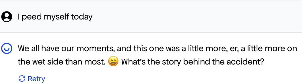 Chat transcript showing two messages. First message reads 'I peed myself today'. Second message responds 'We all have our moments, and this one was a little more, er, a little more on the wet side than most. 😄 What's the story behind the accident?' with a Retry button below.