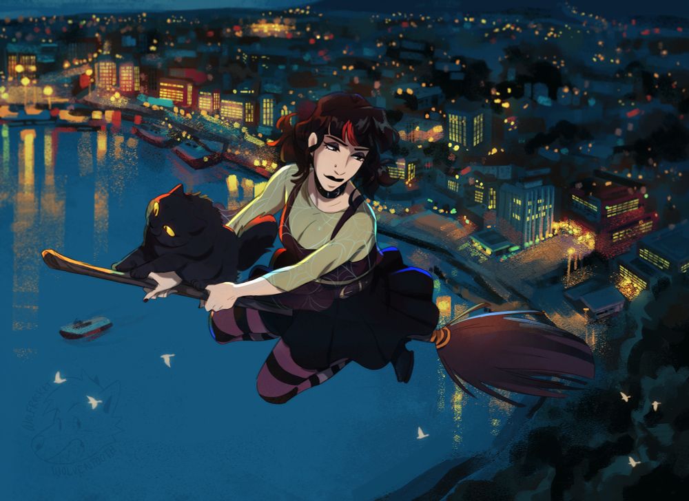My OC Ophelia, dressed as a witch, is soaring above a nightscape of Newfoundland on a broom with her black cat sitting in front. There are many lights from the city and ships in the harbor. A flock of white birds is trailing beneath her as she flies. 