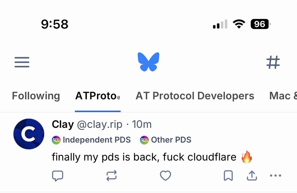 A post at the top of the feed with a user complaining that Cloudflare took down his PDS