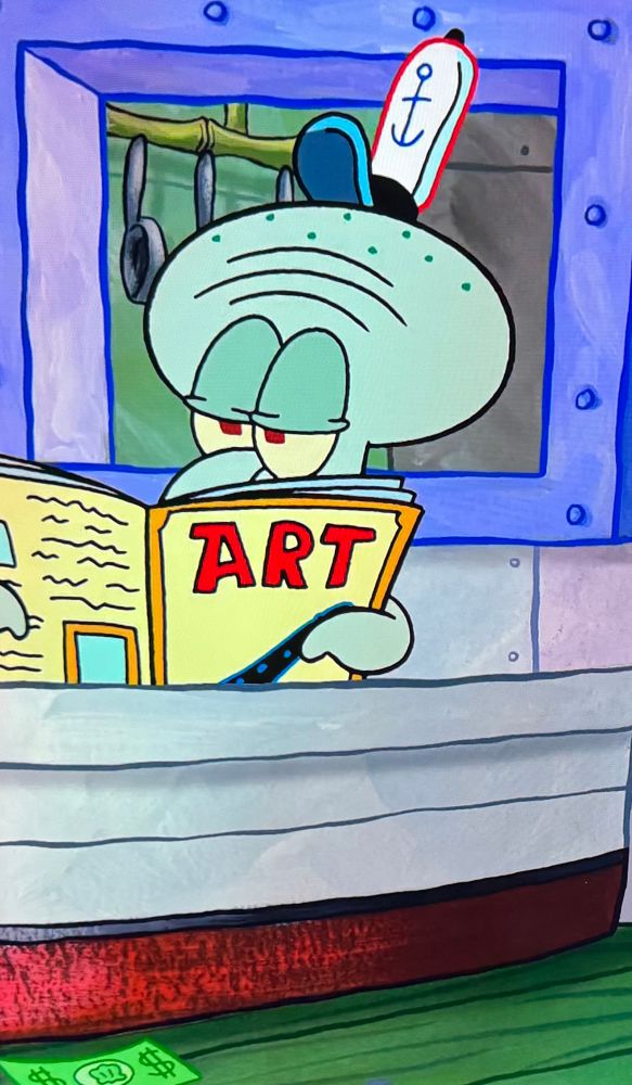 Taddäus tentakel sitzt am Arbeitsplatz und liest mit überheblichem Blick in einer Kunst Zeitschrift 