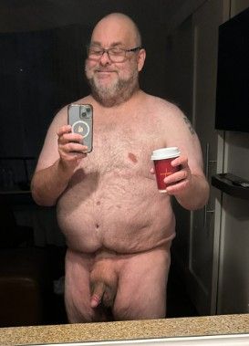 fat man hotel mirror selfie - semi hard penis