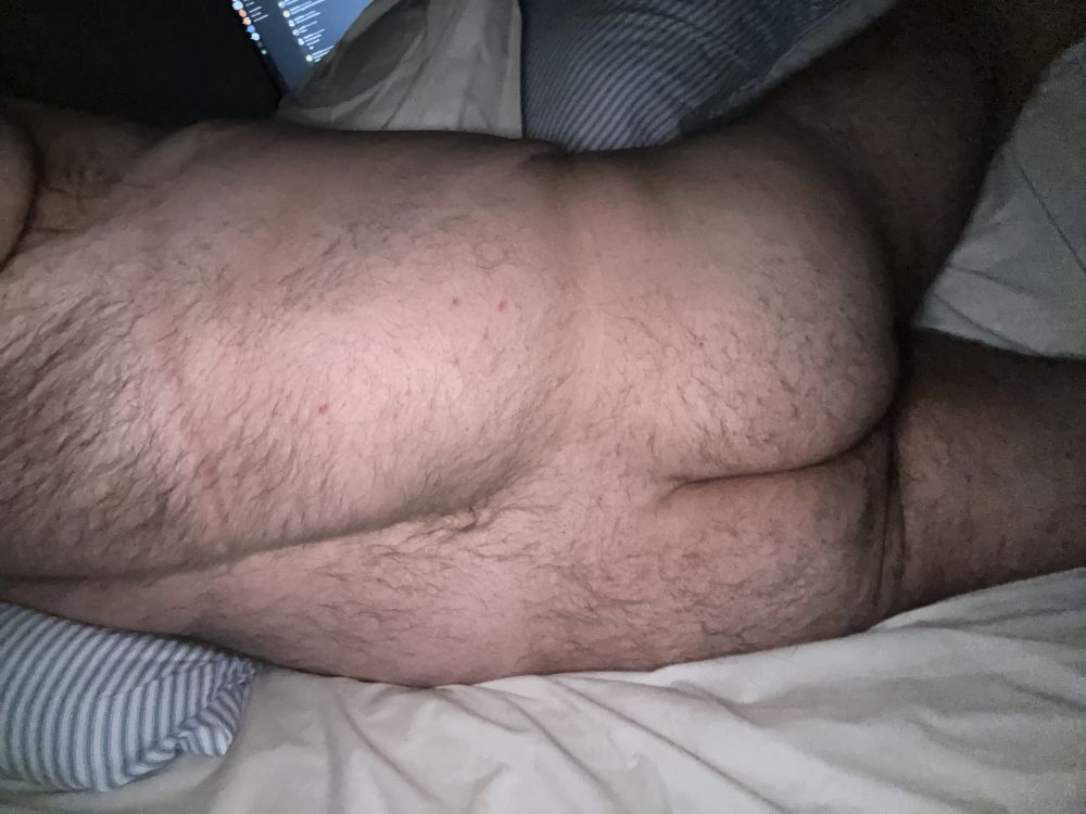 fat body laying in bed showing hairy back and butt