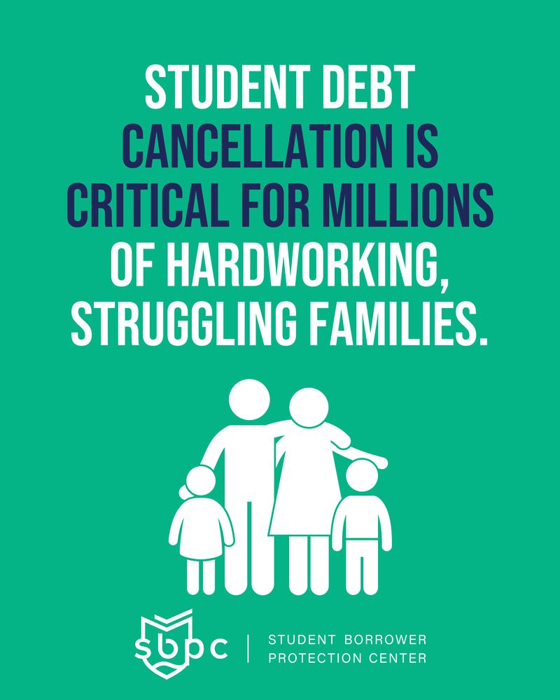 “Student debt cancellation is critical for millions of hardworking, struggling families,” with an icon of a family.