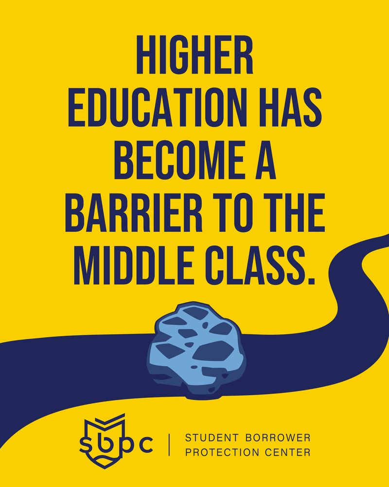 “Higher education has become a barrier to the middle class,” with a graphic of a boulder blocking a pathway.