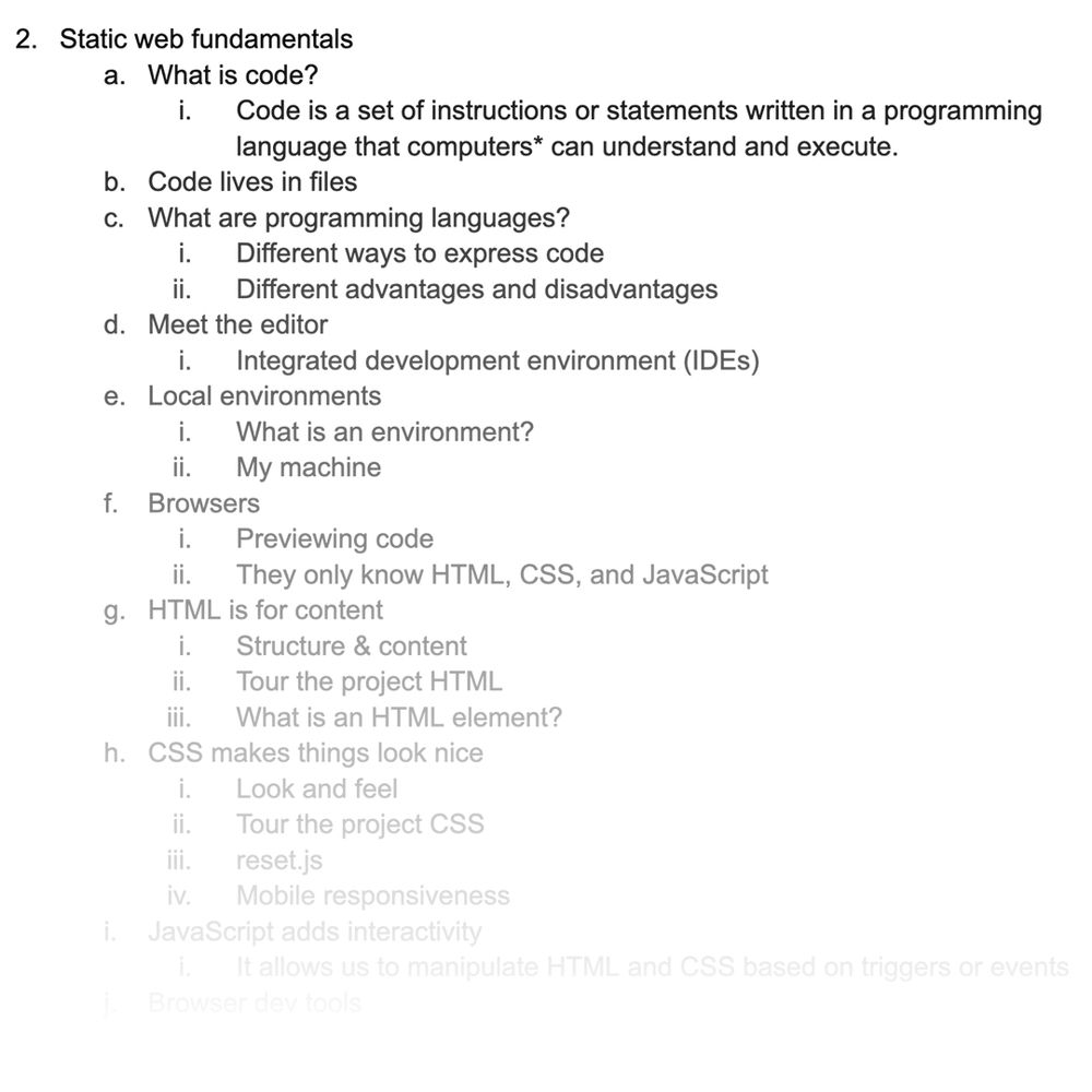 An outline of the Technically Lit curriculum highlighting static web fundamentals.