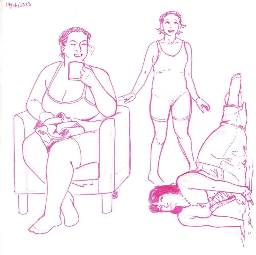 Sketchbook page of feminine-figured people in various poses, drawn in pink marker. 