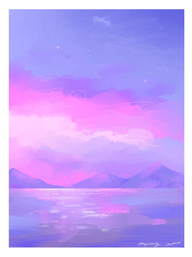 A trans flag coloured sky against a sea of blue, pink, and purple hues. Near the horizon are three small mountains reflecting the pink of the sky. 