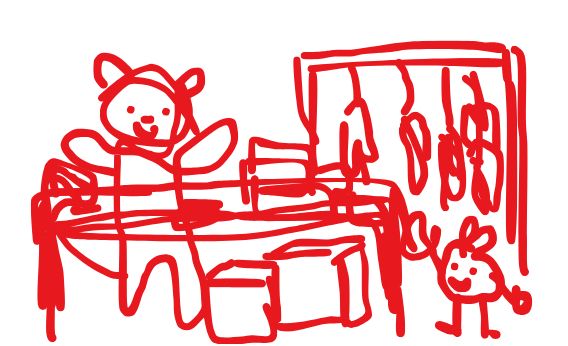 A scribbly drawing of a raccoon and an apple at a table with boxes. Behind them is a clothing rack.