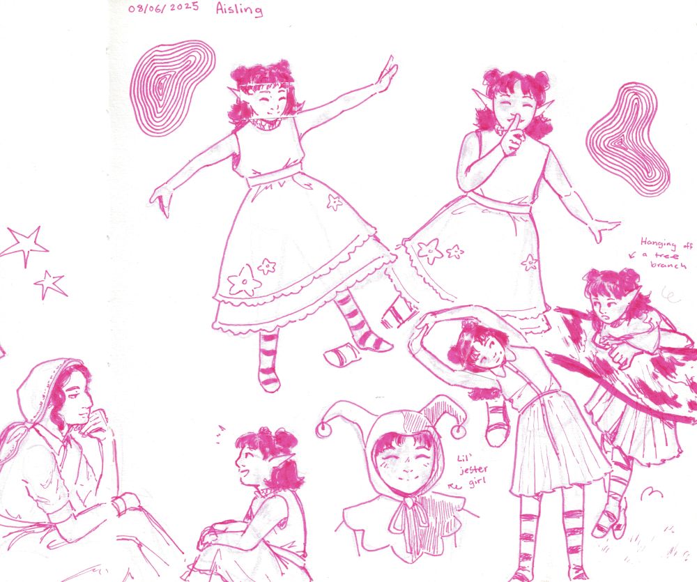A sketchbook page of Aisling, a young elf girl. She wears a dress with a poofy skirt with stars, and her hair is tied into space buns with the rest down. 
