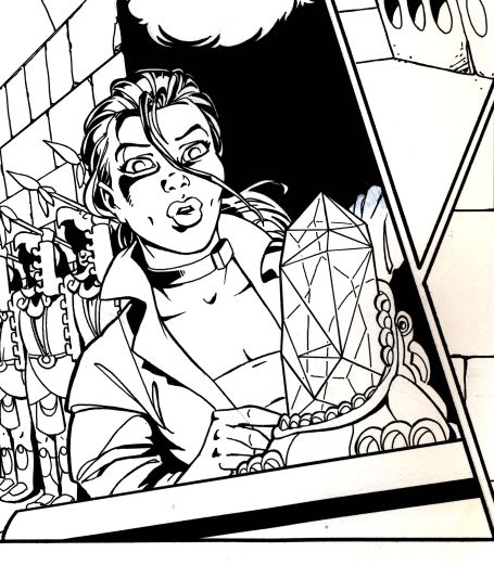 art snippet from a 1990s comic project by Dærick Gröss Sr for Marvel.  this image was posted intentionally vague, so the specific project this was for isn't being mentioned.  

the scene is a young woman, somewhat resembling Lara Croft as was wont in the 1990s, in a Mesoamerican pyramid uncovering a large gemstone.  behind her down the hall are several statues of warriors with spears raised menacingly.  she stares at the gem as it glows with some form of power.