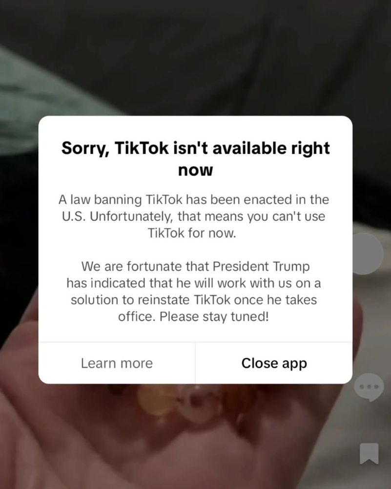 A screenshot of a pop-up over the TikTok app that states: 

Sorry, TikTok isn't available right now

A law banning TikTok has been enacted in the U.S. Unfortunately, that means you can't use TikTok for now.

We are fortunate that President Trump has indicated that he will work with us on a solution to reinstate TikTok once he takes office. Please stay tuned!