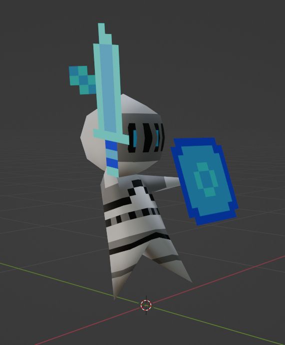 A very low poly model of a Knight with a blue sword and shield, the Knight's blue eyes glow behind a thin visor. The texture is very low res so as to invoke a style as if an 8 bit character was 3D. This model is of the lowest possible complexity.
