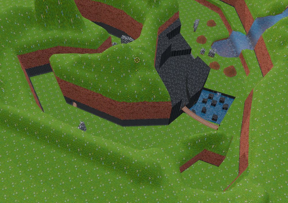 Another view of the map, this time from the other side where another straightaway is visible past the water and pillars section, you can also see a little alcove I'm working out what to do with later. It's a bit hard to see from this angle, but there is an opening on the side of the straightaway meant for a shortcut for either crash or shoot types, still need to work that out. Beyond this straight away is a snaking section, you can't see it well here but it has walls coming out from the sides.