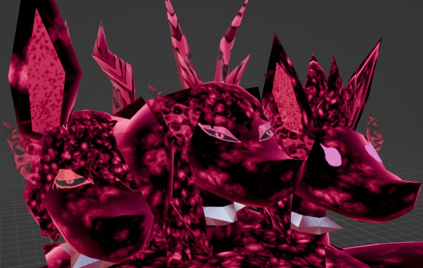 A view of her three heads.
Agartha is the center head, mostly serious and focused on task but can be flustered if unplanned things happen. She has long floppy ears behind her head (not visible at this angle) and medium length hair (denser spots pattern than the rest of the fur). She has 2 long horns, and 2 stubby horns, jutting out straight at the top of her head. Her eyes are sharp.
Ker is the head on the left (from the viewer), she has 2 floppy ears, one of which is covering her face, her hair also covers half of her face but is short otherwise. Her eyes show a vaguely tired expression and are slightly more on the red shades than Agartha's eyes. She tends to be more sarcastic and snarky. Her horns are 2 long slightly forward bending horns.
Beth is the head on the right (viewer's perspective), she has simple, more pink than magenta, round dot eyes with a single eyelash shape. She has shorter ears which stick straight up, alert. Her hair is a spiky but not stiff mohawk kinda shape. She is thoroughly silly, cheerful, and talkative. Normally when on jobs, the other two have to give her a muzzle or a distraction so she doesn't chatterbox the target/client/whoever to death.
All three's eyes have a magenta hellfire emitting off to the sides.