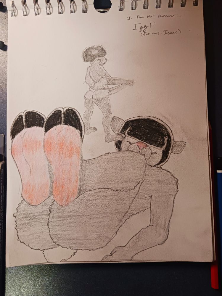 Two drawings of an anthro femboy black sheep named Iggy. In the first. He is in a very short sundress and showing off his ass. In the second, he is laying on his back and showing off his pink, puffy, hoofed feet.