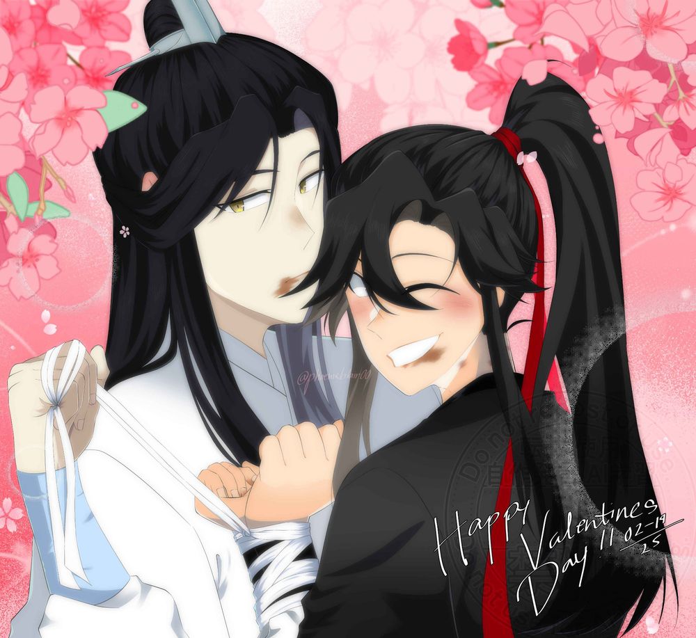 Lan Wangji ravishes Wei Wuxian with chocolate smeared across their faces, while Wei Wuxian smiles with accomplishment