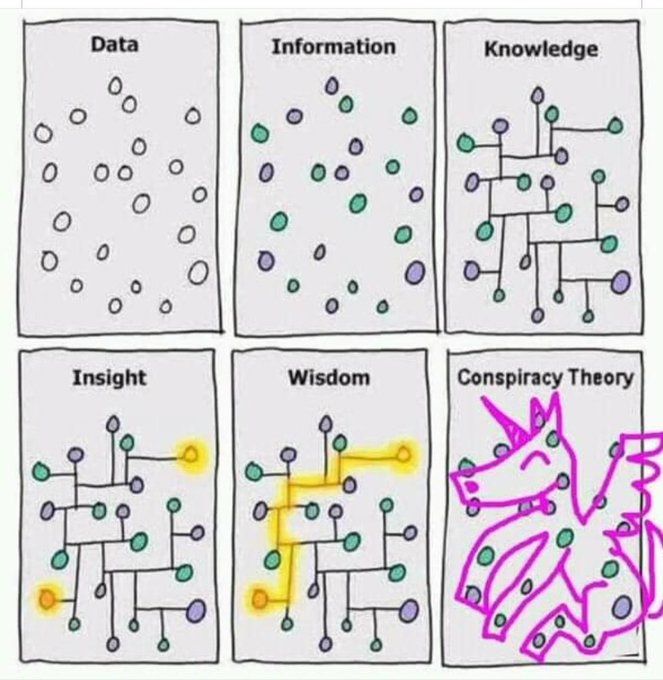 A set of six boxes with dots labeled:
Data -- unfilled random dots
Information --- some shaded green some purple
Knowledge -- Connected with lines as in a cluster diagram
Insight -- Two "unusual" points highlighted
Wisdom -- A highlighted line connecting the two unusual ones
Conspiracy Theory -- A figure of a dragon, drawn in magenta ignoring the points
