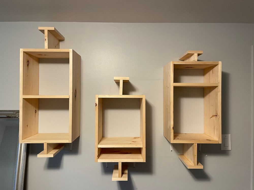 A set of three wall shelf sets, in the form of boxplots
