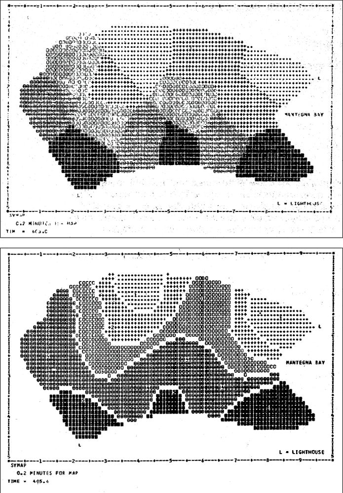 SYMAP images of some geographic region filled in with character regions varying in density to suggest a geographic distribution of some variables. Done on a mainframe line printer by overplotting characters to give a wider range of darkness