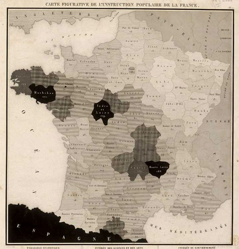 Dupin's choropleth map of France showing literacy (well, proportion of conscripts who could write their name) by department. Darker shades = lower literacy.