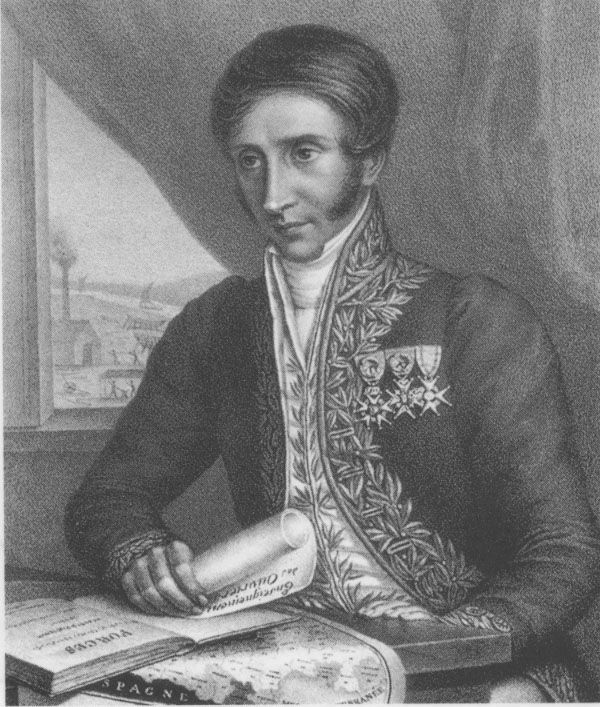 Portrait of Baron Charles Dupin sitting at a desk, with his map on the table top underneath a book.