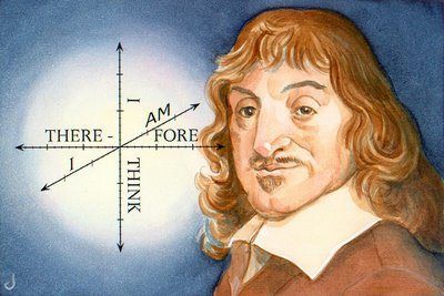 Portrait of Rene Descartes next to three coordinate axes, along which is written, "I think, therefore I am"