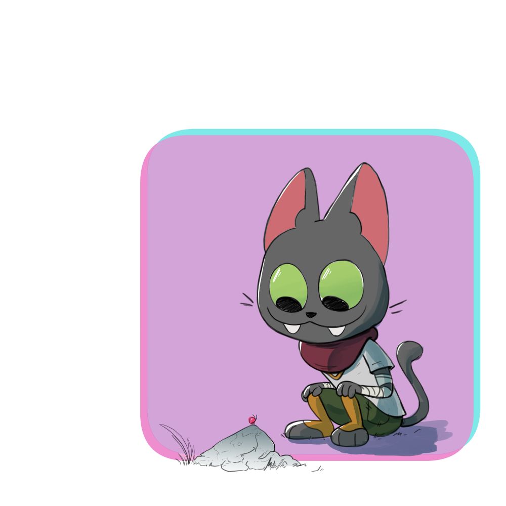 Coloured drawing of Benny, an anthropomorphic black cat in a red scarf, sitting on the ground looking at a bug on a rock