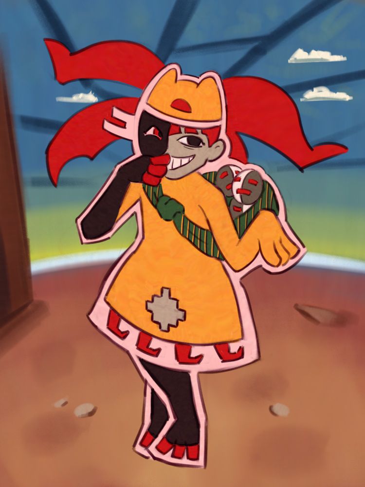 Taski Maiden from that game ENA Dream BBQ. She has a mischievous grin, with one hand partially covering her mouth. This game makes very little sense but I am sure a youtuber will do a 5 hour lore dive into how everything ties together.