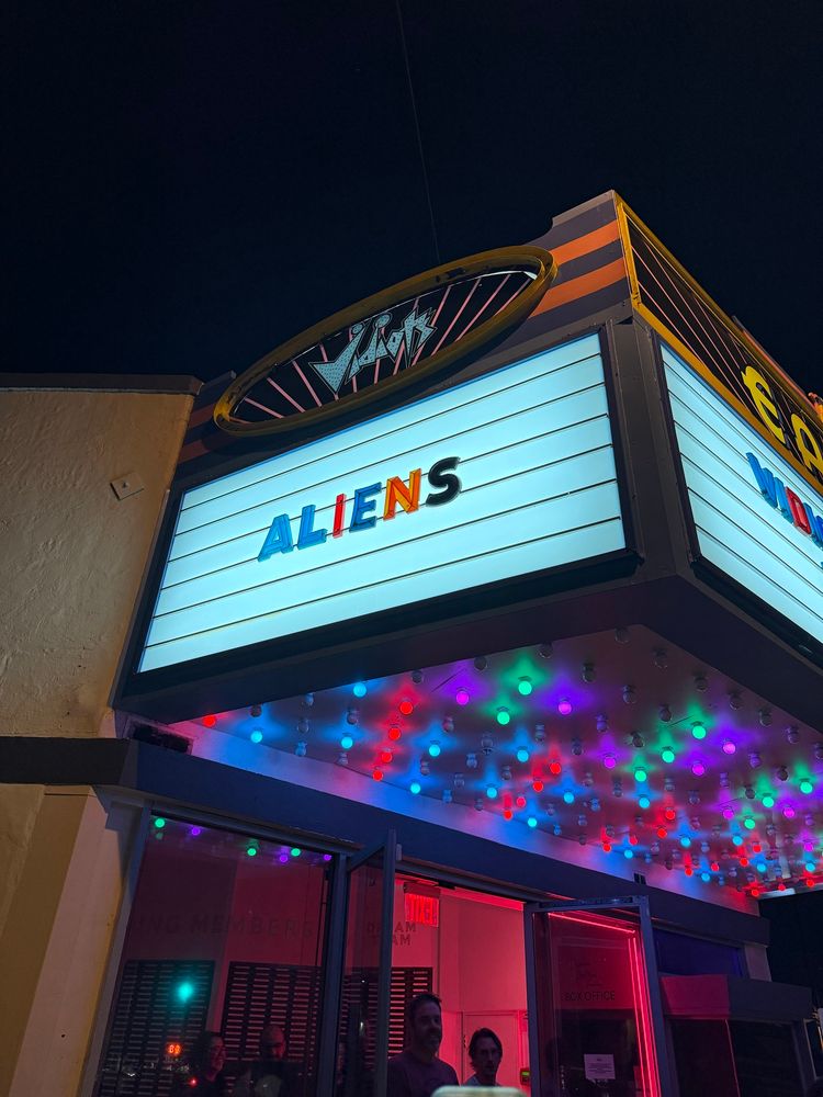 The marquee at Vidiots in Los Angeles. It read “Aliens.”