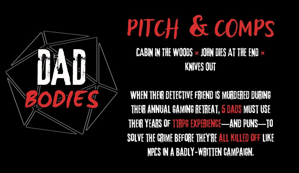 DAD BODIES on top of a black d20, black background. To the right, PITCH & COMPS, CABIN IN THE WOODS X JOHN DIES AT THE END X KNIVES OUT, when their detective friend is murdered during annual gaming retreat, 5 dads nust use their years of ttrpg experience—and puns—to solve the crime before they're all killed off like npcs in a badly-written campaign.