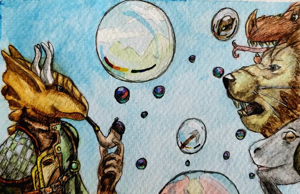 A dragonborn blowing bubbles of clairvoyance into the faces of a chimera.