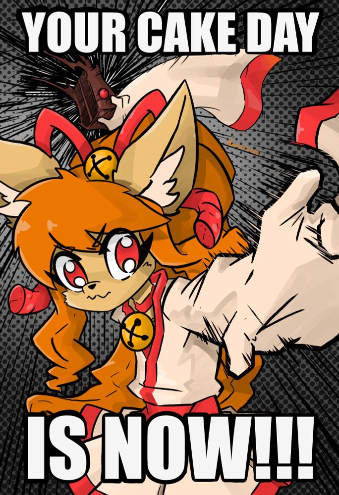 Ceroba Ketsukane from the fan-game Undertale Yellow as a chibi version. An orange hair/fur fox lady wearing an oversized sleeved kimono and hair bow bell/bell collar. She's reading some celebration cake to give to the viewer, with the indicator "YOUR CAKE DAY IS NOW!!!" in all caps.