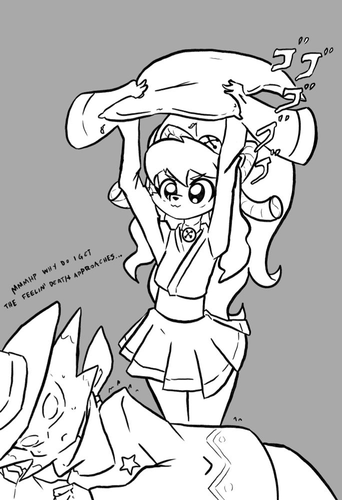 Chibi Ceroba from Undertale Yellow about to assassinate her friend Starlo with a Pillow by crashing it down on him. She has the Jojo intimidating symbols while the resting Starlo cowboy  says "Mmmhp why do I get the feelin' death approaches..."