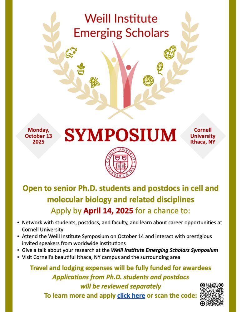 Flyer for Weill Institute Emerging Scholars Symposium at Cornell University, with QR code at bottom to obtain more information