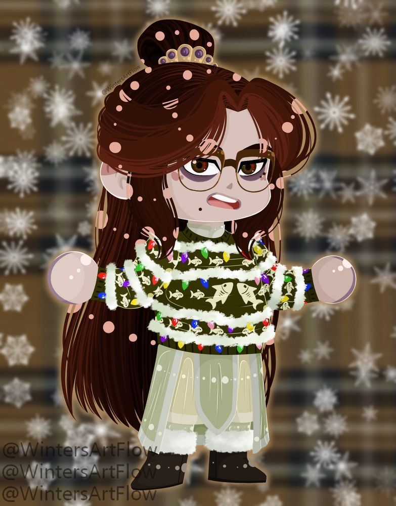 Storyteller in a ugly sweater that has a lot going on. Fluff, lights and fish. 10/10