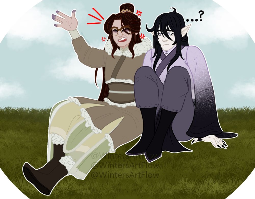 Doodle of Storyteller ranting about something to a barely awake Chu Tianmeng. 
CTM has not a single thought behind those eyes. 