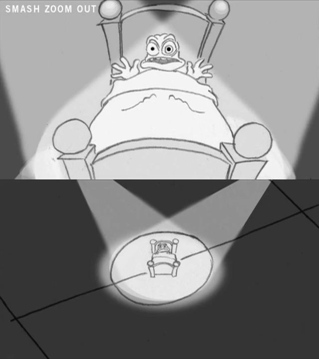 The final shots of the storyboard for Crazy Frog's We Are the Champions music video.

The top screencap shows Crazy Frog bolting awake in his bed with two spotlights shining on him. This would've transitioned via a smash zoom out to the bottom screencap, which reveals the Crazy Frog's bed to be in the middle of a soccer field.

Crazy Frog starts off as shocked at the beginning of the shot, but appears to be calm and smiling at the end of it.