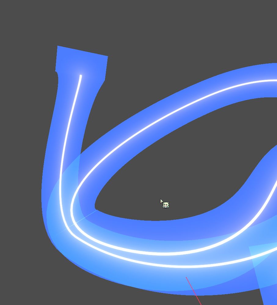 Same line with less transparency, from another angle. It shows the duplicate end point being extruded to look at the camera