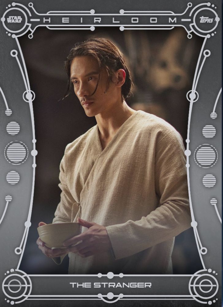 digital topps card of the stranger from the acolyte holding a bowl of stew/soup