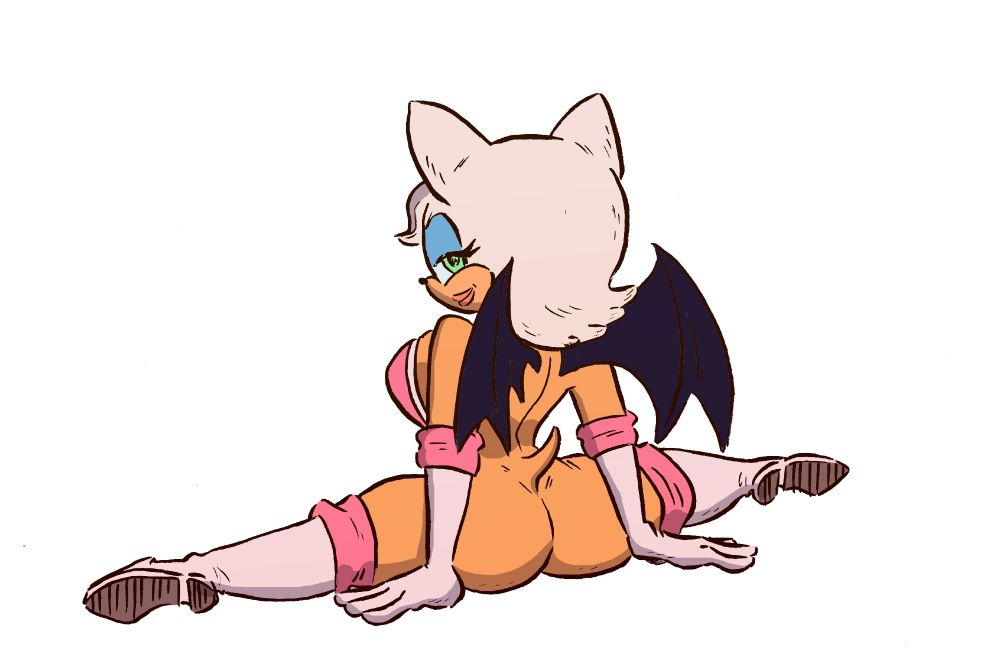 Illustration of Rouge the Bat doing splits in the nude, her butt on display 